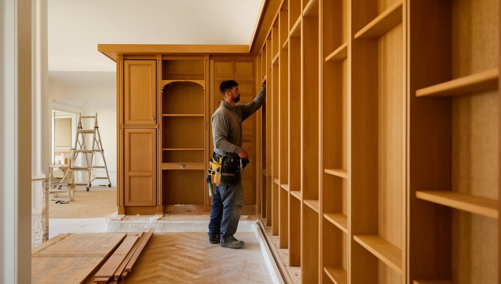 Finishing crew completing detailed interior carpentry inside a nearly complete home